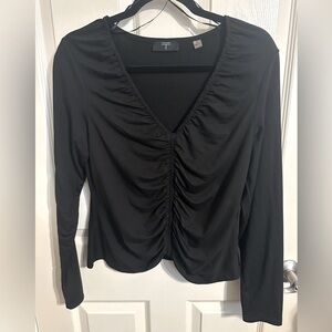 Tahari Elegant V-Neck Ruched Front Blouse, Black, Sz Large
